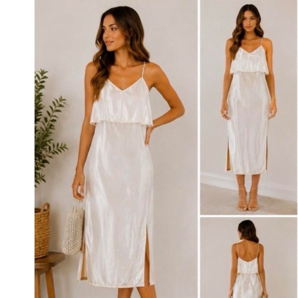 Rebecca Minkoff Lola Dress Ivory Metallic Shimmer Ruffle Sample Midi elegant